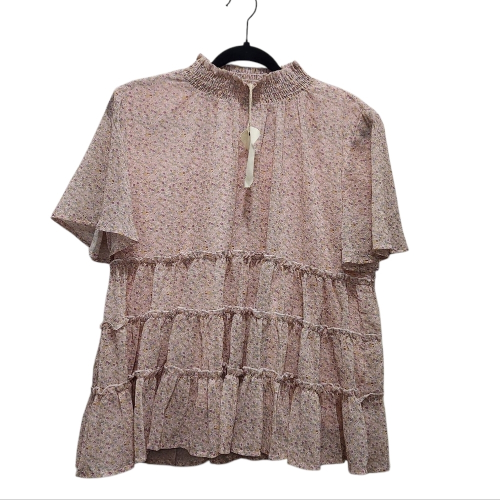 NWT Orange Creek Pink Floral Tiered Babydoll Top Smocked Neck Size M Cottagecore